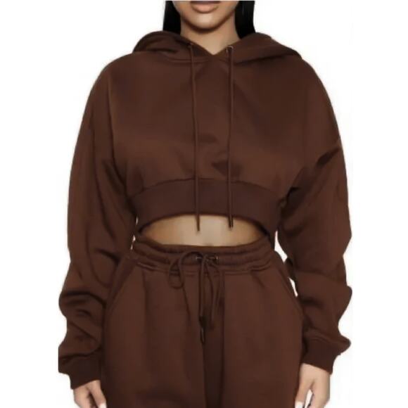 naked wardrobe Tops - Naked Wardrobe Brown Cropped Hoodie Size Large Crop Sweatshirt Athletic